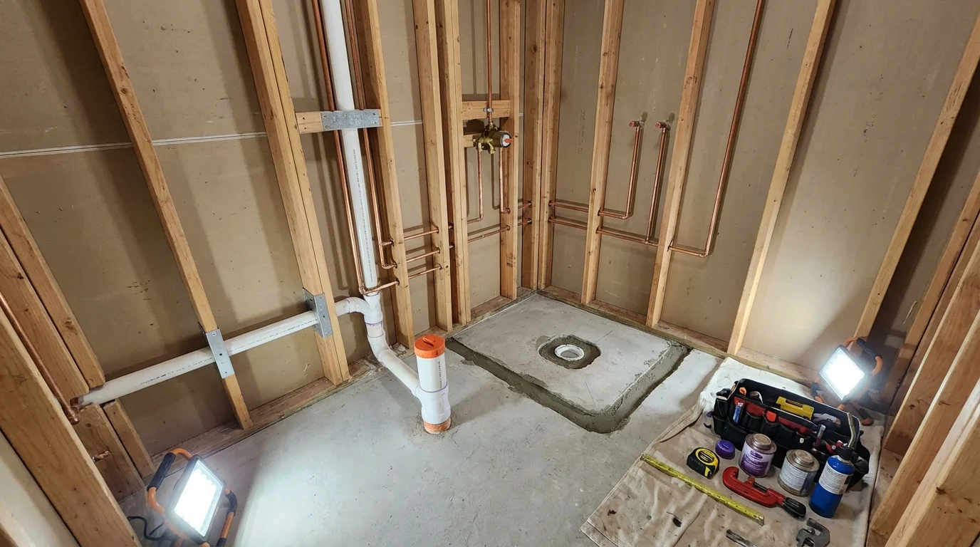 Bathroom rough-in plumbing during remodel by Johns Plumbing LLC in West Liberty