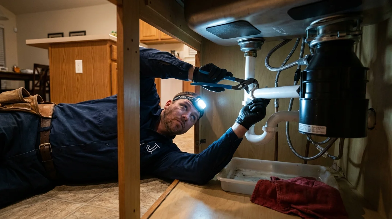 P-trap and supply line connections under a kitchen sink showing a common leak point in West Liberty, WV